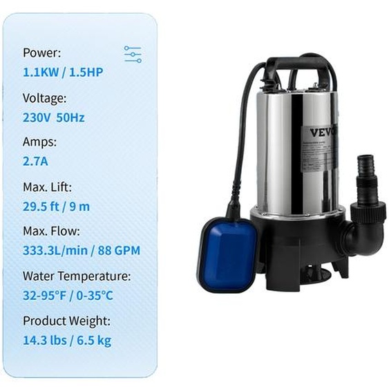 Pompe à eaux usées, moteur en cuivre, interrupteur à flotteur , 1100 Watt 1,5 PS