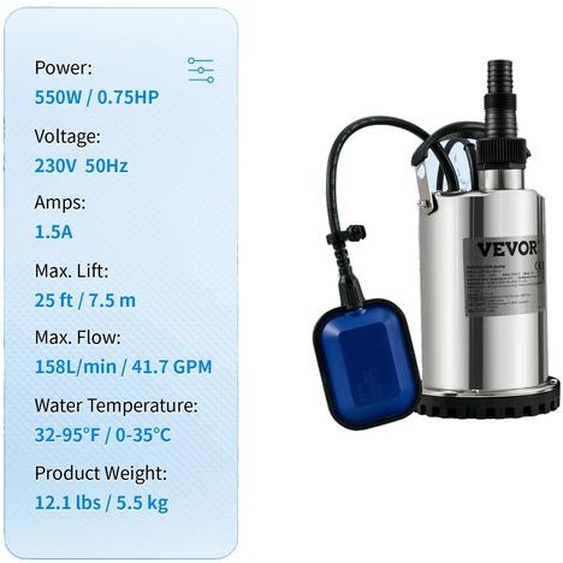 Pompe à eaux usées, moteur en cuivre, interrupteur à flotteur , 550W 0,75PS