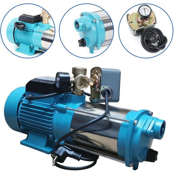 Pompe centrifuge 1,3kW 4000 L/H 93m de hauteur de refoulement Pompe deau domestique Pompe de jardin Irrigation Pompes Pressostat avec manomètre, roues à aubes en acier inoxydable, commutation automatique