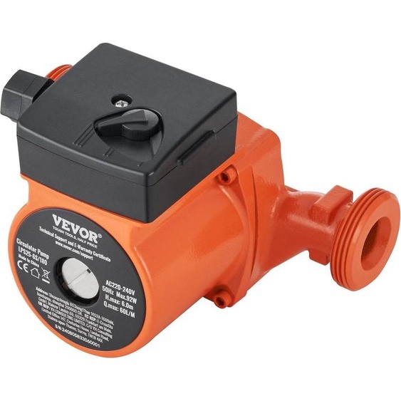 Pompe de circulation deau chaude Vevor Pompe de recirculation en fonte 220 V 92 W, débit maximal de 60 l/min, hauteur de refoulement maximale de 6 m, raccord fileté 1-1/2, plage de température de 2 °C à 110 °C, trois débits réglables, faible niveau sonore