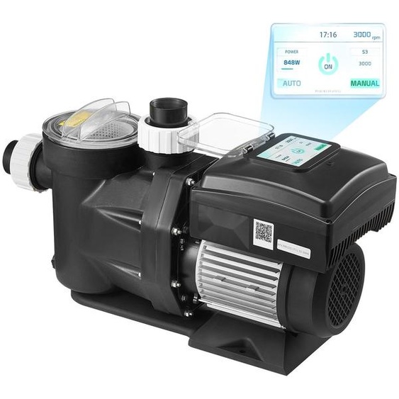 Pompe de piscine - Pompe de filtration - Vitesse variable - Débit 26 000 l/h - Puissance 1 100 W - Hauteur de refoulement 15 m - Auto-amorçante, panier filtrant - Minuterie programmable