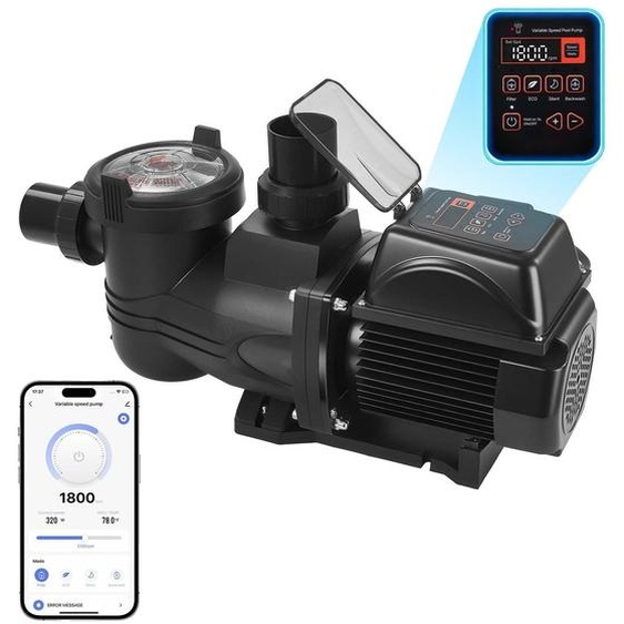 Pompe de piscine - Pompe de piscine auto-amorçante - Débit de 30 000 l/h - 1 350 W - Hauteur de refoulement de 16 m - Vitesse variable - Minuterie - Avec panier filtrant pour piscines hors sol et enterrées
