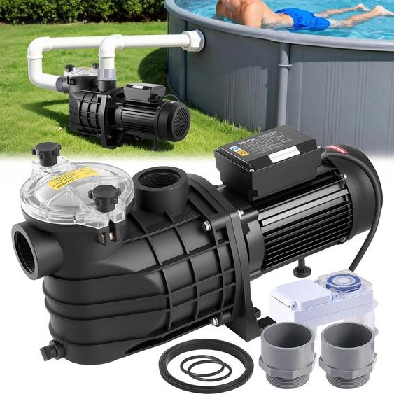 Pompe de piscine VEVOR 3 kW, pompe filtrante 35 000 L/H débit max., pompe de piscine à un étage 2860 tr/min, hauteur de refoulement max. 19 m, avec minuterie 24 heures et panier filtrant, pour piscines hors sol et enterrées, et spas