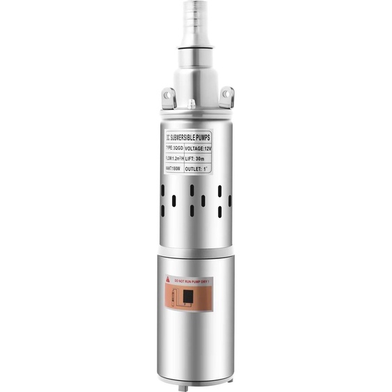 Pompe de puits profond en acier inoxydable - Pompe solaire immergée - 12V 180W - hauteur de refoulement 30 m - débit 1,2-1,5 m³/h - moteur en cuivre pur 3000 tr/min - IP68 - fiche EU