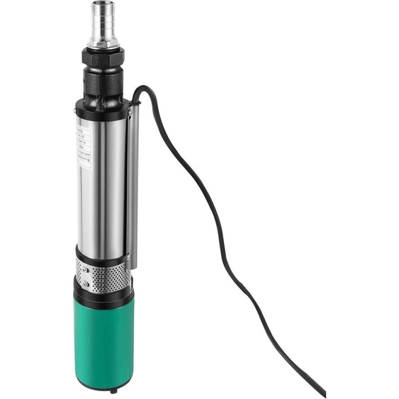 Pompe de puits profond submersible - 24V 320W - débit 3 m³/h - 4500 tr/min - 4 roues - moteur tout cuivre - fiche EU - argent