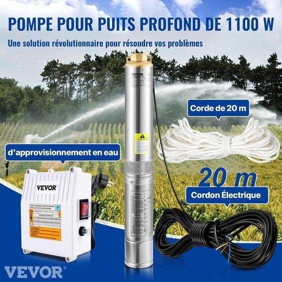 Pompe submersible pour puits profonds, 1100 W, 230 V/50 Hz, débit de 190 l/min, hauteur de refoulement de 57 m, avec cordon de 20 m et boîtier deexterne, pompes à eau en acier inoxydable de 10,2 cm pour usage industriel, irrigation et usage domestique,