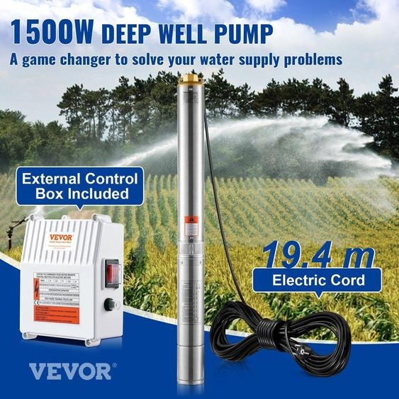 Pompe submersible pour puits profonds 1500 W Puissance 9,8 m³/h Débit max. 108 m Hauteur max. Pompe à eau en acier inoxydable IP68 étanche avec boîtier deexterne pour une utilisation industrielle, agricole ou domestique