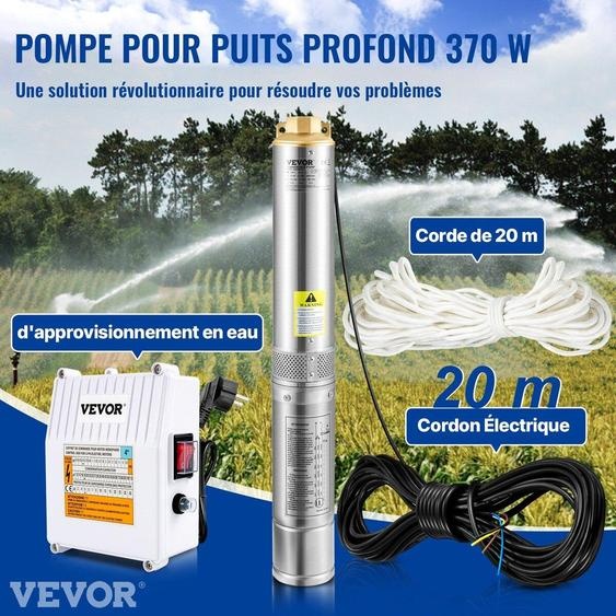 Pompe submersible pour puits profonds, 370 W, 230 V/50 Hz, débit de 110 l/min, hauteur de refoulement de 44 m, avec cordon de 20 m et boîtier deexterne, pompes à eau en acier inoxydable de 10,2 cm pour usage industriel, irrigation et usage domestique,