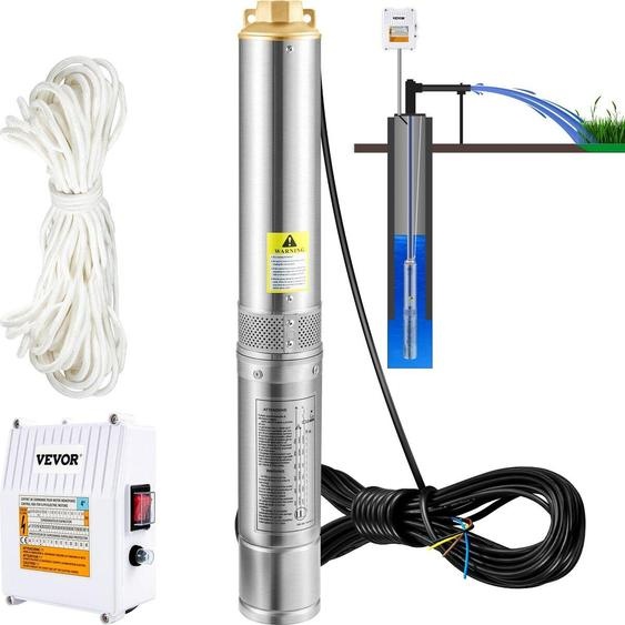 Pompe submersible pour puits profonds, 370 W, 230 V/50 Hz, débit de 110 l/min, hauteur de refoulement de 44 m, avec cordon de 20 m et boîtier deexterne, pompes à eau en acier inoxydable de 10,2 cm pour usage industriel, irrigation et usage domestique,