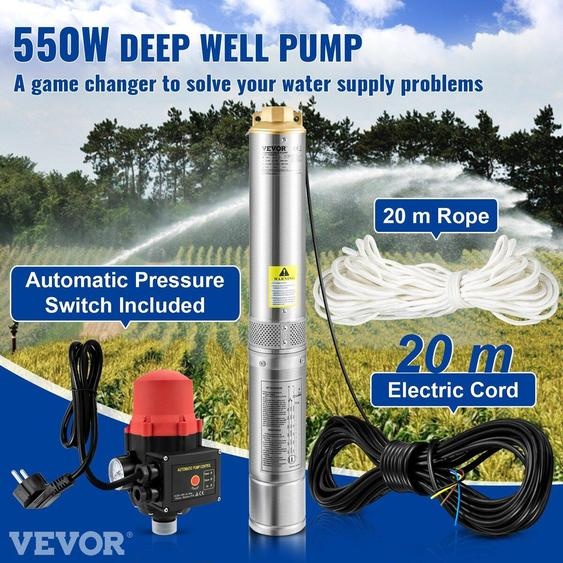Pompe submersible pour puits profonds, 550 W, 230 V/50 Hz, débit de 50 l/min, hauteur de refoulement de 89 m, cordon de 20 m et pressostat automatique, pompes à eau en acier inoxydable de 7,6 cm pour usage industriel, irrigation et usage domestique,