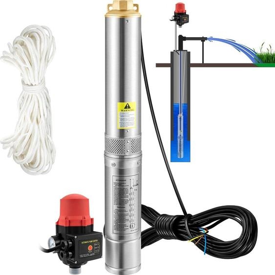 Pompe submersible pour puits profonds, 550 W, 230 V/50 Hz, débit de 50 l/min, hauteur de refoulement de 89 m, cordon de 20 m et pressostat automatique, pompes à eau en acier inoxydable de 7,6 cm pour usage industriel, irrigation et usage domestique,