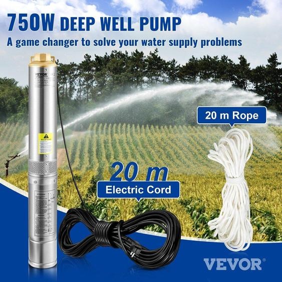 Pompe submersible pour puits profonds, 750 W, 230 V/50 Hz, débit de 100 l/min, hauteur de refoulement de 66 m, résistance au sable  5 %, cordon électrique de 20 m, pompes à eau en acier inoxydable de 7,6 cm pour usage industriel, irrigation et usage