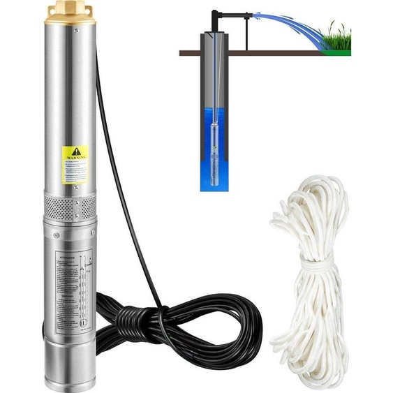 Pompe submersible pour puits profonds, 750 W, 230 V/50 Hz, débit de 100 l/min, hauteur de refoulement de 66 m, résistance au sable  5 %, cordon électrique de 20 m, pompes à eau en acier inoxydable de 7,6 cm pour usage industriel, irrigation et usage