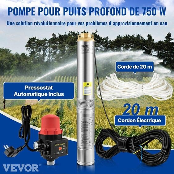 Pompe submersible pour puits profonds, 750 W, 230 V/50 Hz, débit de 105 l/min, hauteur de refoulement de 62 m, cordon dalimentation de 20 m et pressostat automatique, pompes à eau en acier inoxydable de 8,9 cm pour usage industriel, irrigation et usage