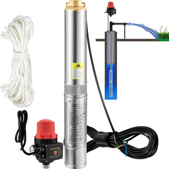 Pompe submersible pour puits profonds, 750 W, 230 V/50 Hz, débit de 105 l/min, hauteur de refoulement de 62 m, cordon dalimentation de 20 m et pressostat automatique, pompes à eau en acier inoxydable de 8,9 cm pour usage industriel, irrigation et usage