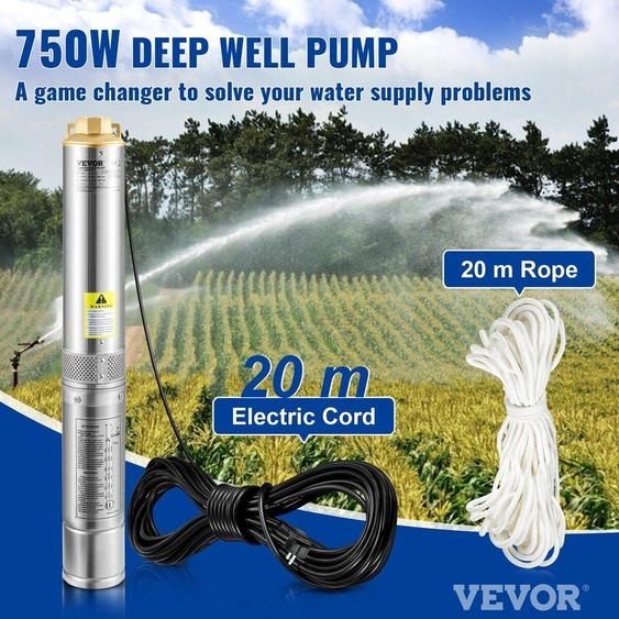 Pompe submersible pour puits profonds, 750 W, 230 V/50 Hz, débit de 105 l/min, hauteur de refoulement de 62 m, résistance au sable  5 %, cordon électrique de 20 m, pompes à eau en acier inoxydable de 8,9 cm pour usage industriel, irrigation et usage