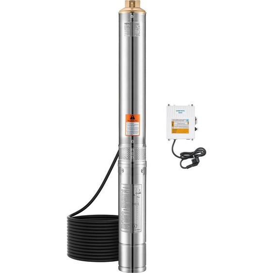 Pompe submersible pour puits profonds Pompe à eau en acier inoxydable Puissance dentrée 1100 W, hauteur de refoulement maximale 279 pieds, débit 65 l/min Avec boîtier deexterne pour lirrigation agricole, labreuvement du bétail, lapprovisionnement en eau