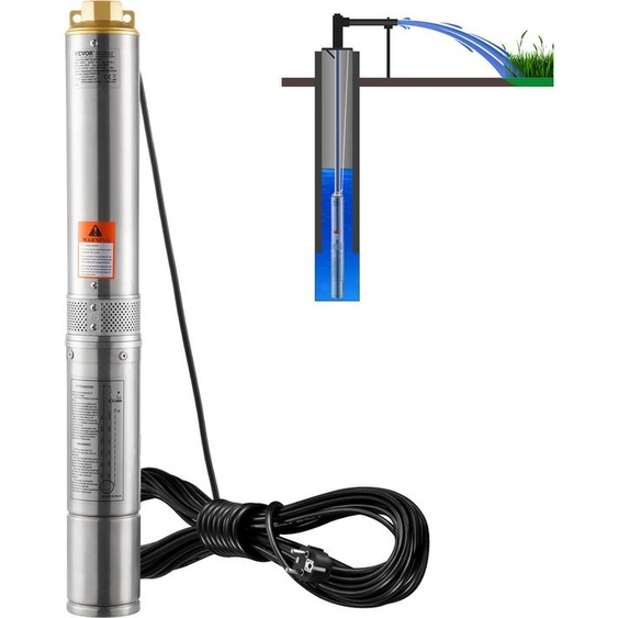 Pompe submersible pour puits profonds VEVOR, 370 W, 230 V, 50 Hz, débit max. 5,3 m³/h, hauteur de refoulement max. 50 m, avec câble électrique de 9,1 m, pompes à eau en acier inoxydable pour lirrigation industrielle et lusage domestique