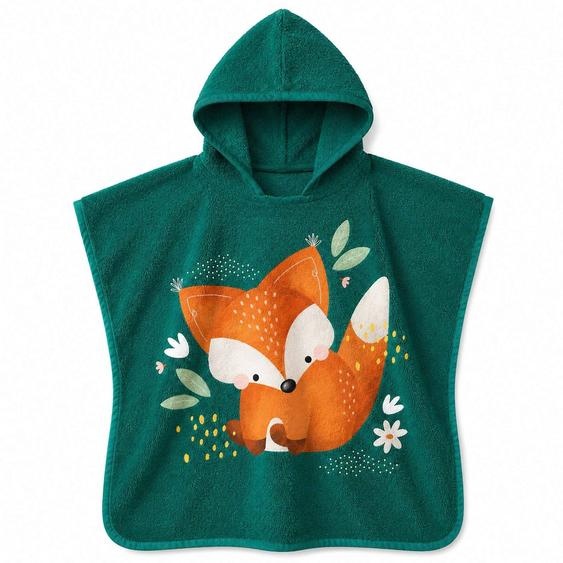Poncho De Bain Enfant À Capuche En Coton Animaux Vert Paon