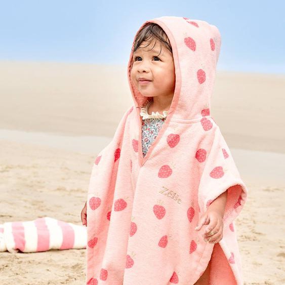 Poncho de bain / plage bébé personnalisable, avec coton recyclé rose imprimé