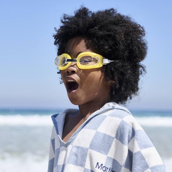 Poncho de bain / plage enfant personnalisable, avec coton recyclé carreaux bleu