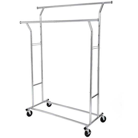 Portant Penderie à vêtement métallique Double Barres extensibles Hauteur réglable Avec roulettes Chrome HSR12S