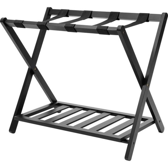 Porte-bagages - Support de valise - Deux niveaux - Pliable - Bambou & Nylon - Montage nécessaire - Noir