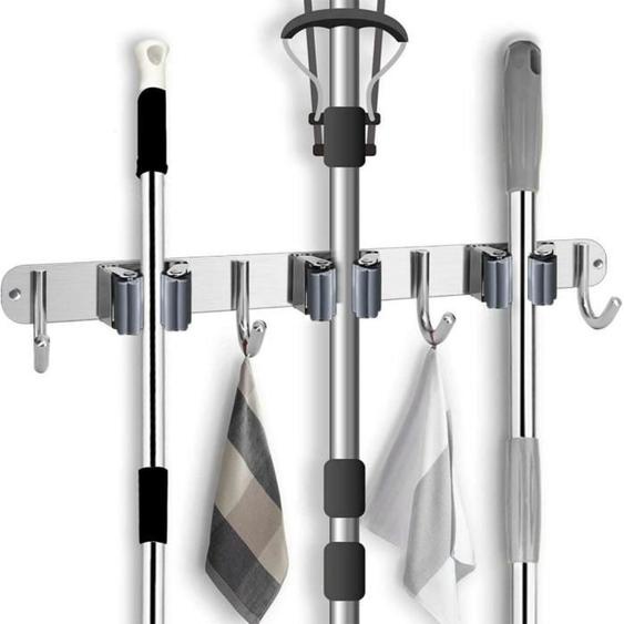 Porte Balai Mural, Accroche Balai En Acier Inoxydable, Support Cintre De Rangement Pour Cuisine, Buanderie, Support De Balai -Gris