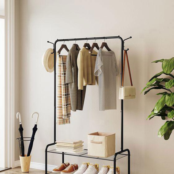 Porte-cintre pour dressing,2 étagères de rangement, porte-chaussures, 4 roues, 4 crochets, acier, hauteur 164 cm, noir