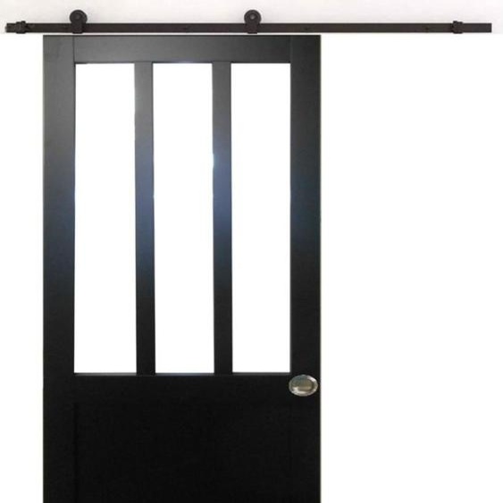 Porte Coulissante Atelier Noir H204 x L83 + Rail a roulettes et Coquilles