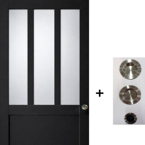 Porte Coulissante Atelier Noir vitre depoli H204 x L83 + coquilles et tire doigt