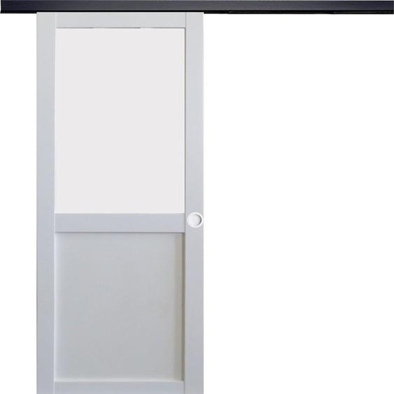 Porte Coulissante Athena blanc H204 x L93 + Rail Alu bandeau noir et Coquilles blanc
