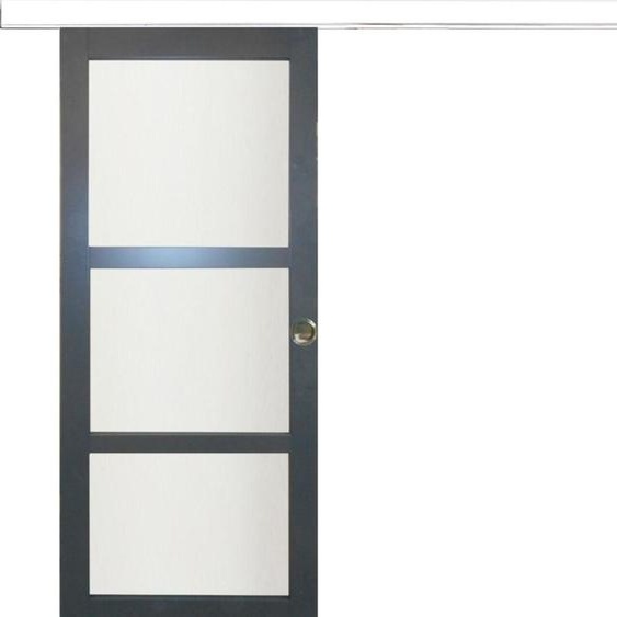 Porte Coulissante Blakeria Vitree RAL7016 H204 x L83 + Rail Alu Bandeau Blanc et Coquilles