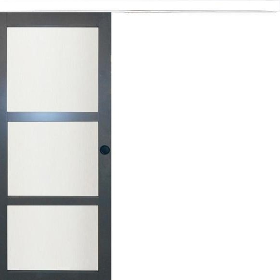 Porte Coulissante Blakeria Vitree RAL7016 H204 x L83 + Rail Alu Bandeau Blanc et Coquilles Noir