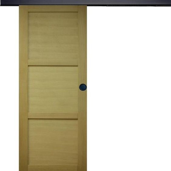 Porte Coulissante bois Ayous 3 Panneaux H204 x L73 + Rail alu Bandeau noir et coquilles Noir