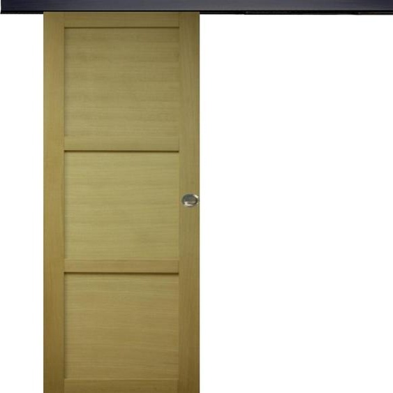 Porte Coulissante bois Ayous 3 Panneaux H204 x L93 + Rail alu Bandeau noir et coquilles