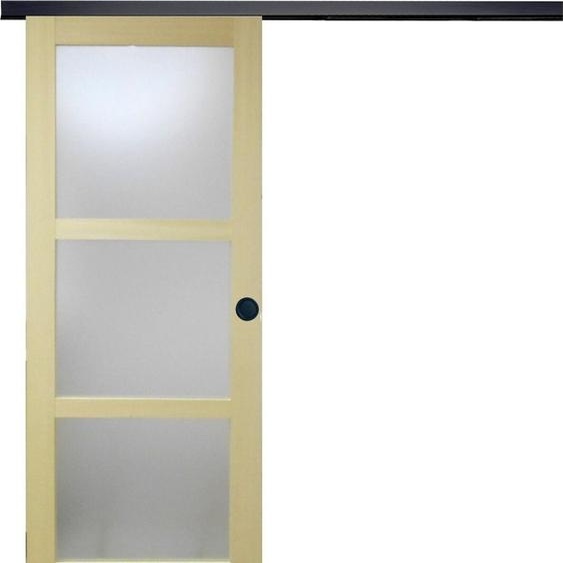 Porte Coulissante bois Ayous Vitree H204 x L83 + Rail alu bandeau noir et Coquilles Noir