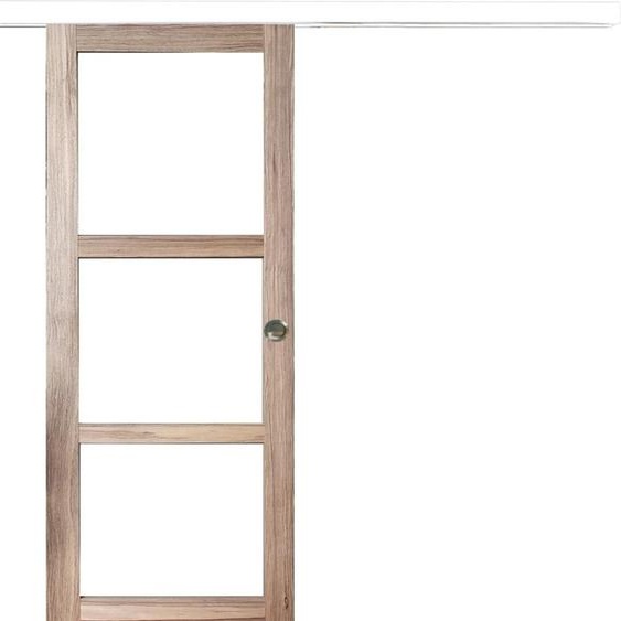 Porte Coulissante bois Frake Vitrage transparent H204 x L73 + rail alu bandeau blanc et coquilles