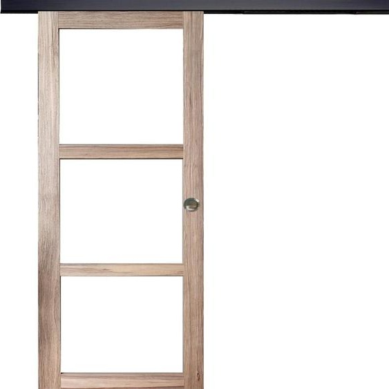 Porte Coulissante bois Frake Vitrage transparent H204 x L83 + rail bandeau noir et coquilles