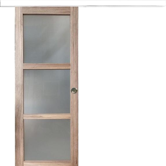 Porte Coulissante bois Frake Vitree H204 x L73 + rail alu bandeau blanc et coquilles