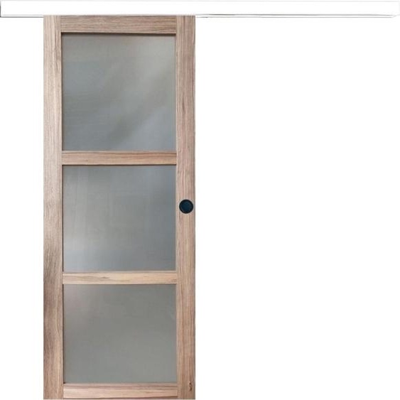 Porte Coulissante bois Frake Vitree H204 x L83 + rail alu bandeau blanc et coquilles Noir