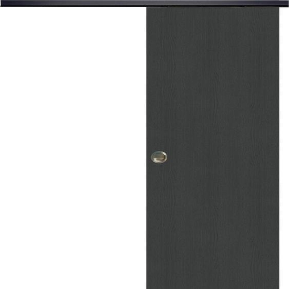 Porte Coulissante Grey OAK H204 x L73 + Rail alu Bandeau noir et coquilles