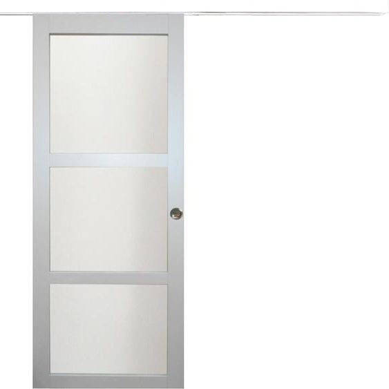 Porte Coulissante Greyria Gris Clair RAL7035 Vitree H204 x L93 + Rail Alu Bandeau Blanc et Coquilles