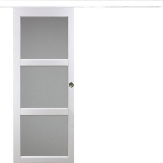 Porte Coulissante Kenya Blanc Vitree H204 x L83 + Rail Alu Bandeau Blanc et Coquilles