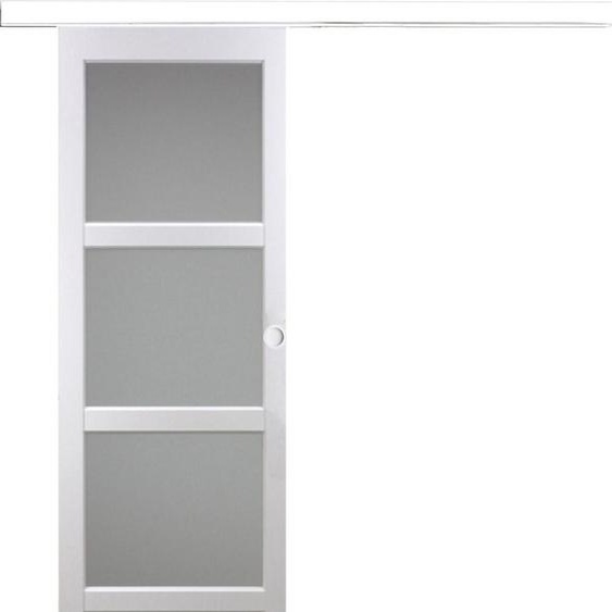 Porte Coulissante Kenya Blanc Vitree H204 X L83 + Rail Alu Bandeau Blanc Et Coquilles Blanc