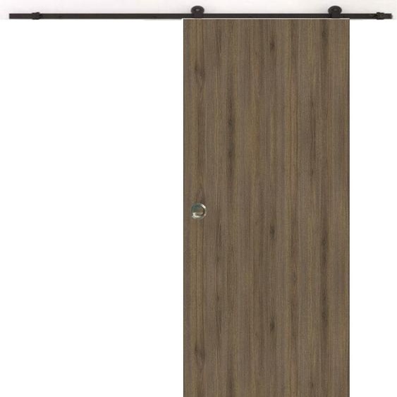 Porte Coulissante Light Walnut H204 x L73 + Rail a roulettes Noir et Coquilles