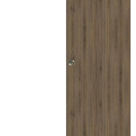 Porte Coulissante Light Walnut H204 x L73 + Rail alu Bandeau Blanc et Coquilles