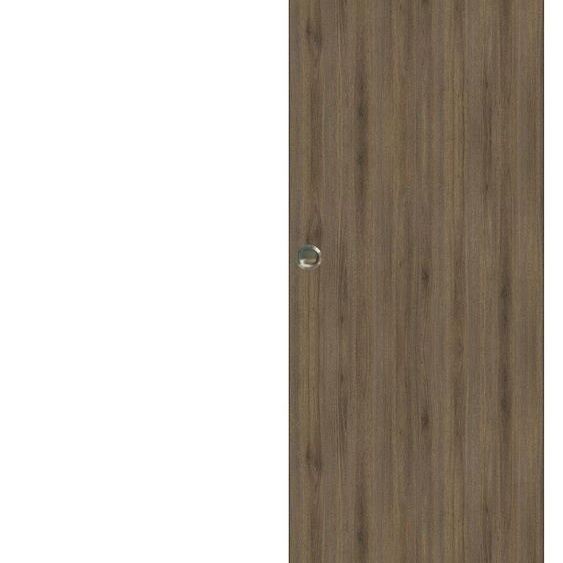 Porte Coulissante Light Walnut H204 x L73 + Rail alu Bandeau noir et coquilles