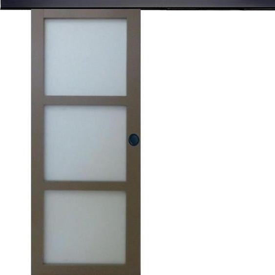 Porte Coulissante Marron Ral7006 Vitree H204 x L83 + Rail Alu Bandeau noir et Coquilles Noir