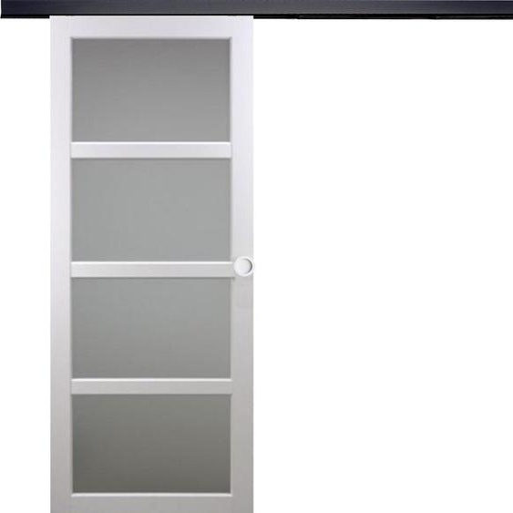 Porte Coulissante Tana Blanc Vitree H204 X L73 + Rail Alu Bandeau Noir Et Coquilles Blanc